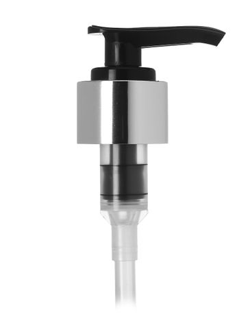 Black and silver PP 24-410 smooth skirt down-lock saddle head dispensing pump with 8.75 inch dip tube (2 cc output)