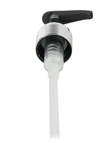 Black and silver PP 24-410 smooth skirt down-lock saddle head dispensing pump with 8.75 inch dip tube (2 cc output)