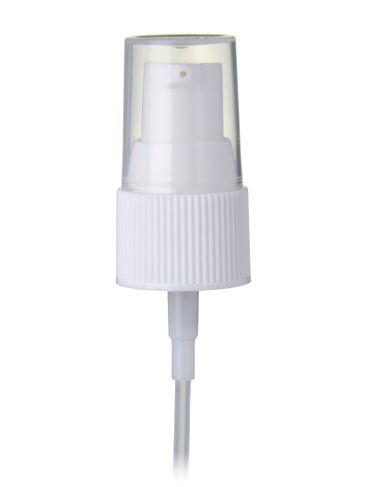 White PP plastic 20-410 ribbed skirt fingertip treatment pump with clear PP plastic overcap and 4 inch dip tube (.13 mL output)