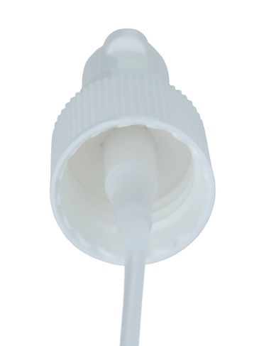 White PP plastic 20-410 ribbed skirt fingertip treatment pump with clear PP plastic overcap and 4 inch dip tube (.13 mL output)