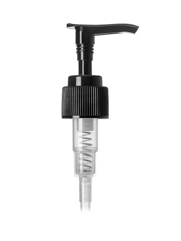 Black PP plastic 24-410 ribbed skirt down-lock saddle head dispensing pump with 7.5 inch dip tube (2 cc output)