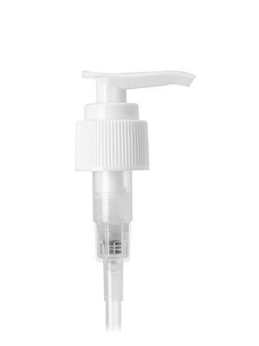 White PP plastic 24-410 ribbed skirt down-lock saddle head dispensing pump with 7.5 inch dip tube (2 cc output)