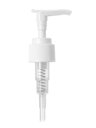White PP plastic 24-410 ribbed skirt down-lock saddle head dispensing pump with 7.5 inch dip tube (2 cc output)