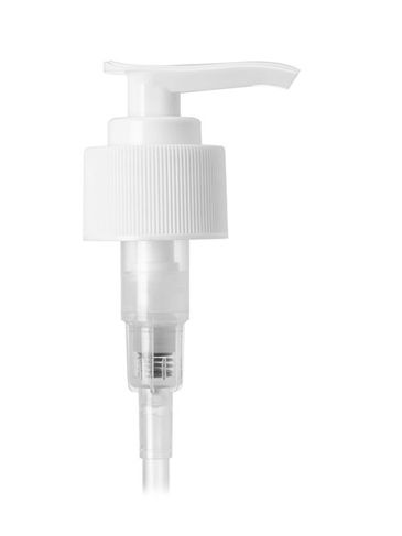 White PP plastic 28-410 ribbed skirt down-lock saddle head dispensing pump with 9.68 inch dip tube (2 cc output)