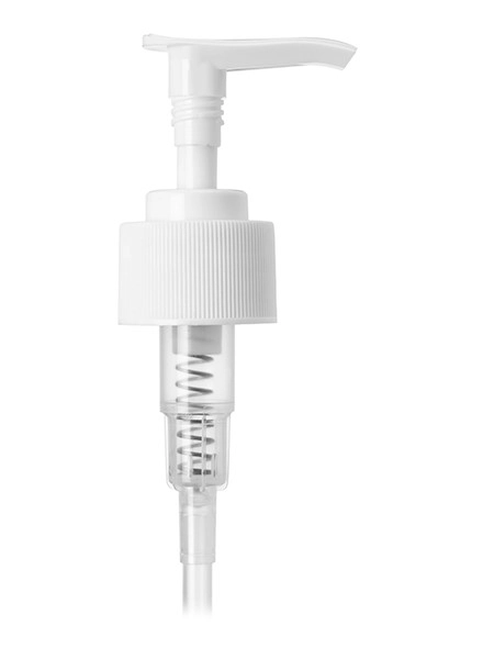 White PP Plastic 28-410 Ribbed Skirt Down-Lock Saddle Head Dispensing Pump – DP735WH