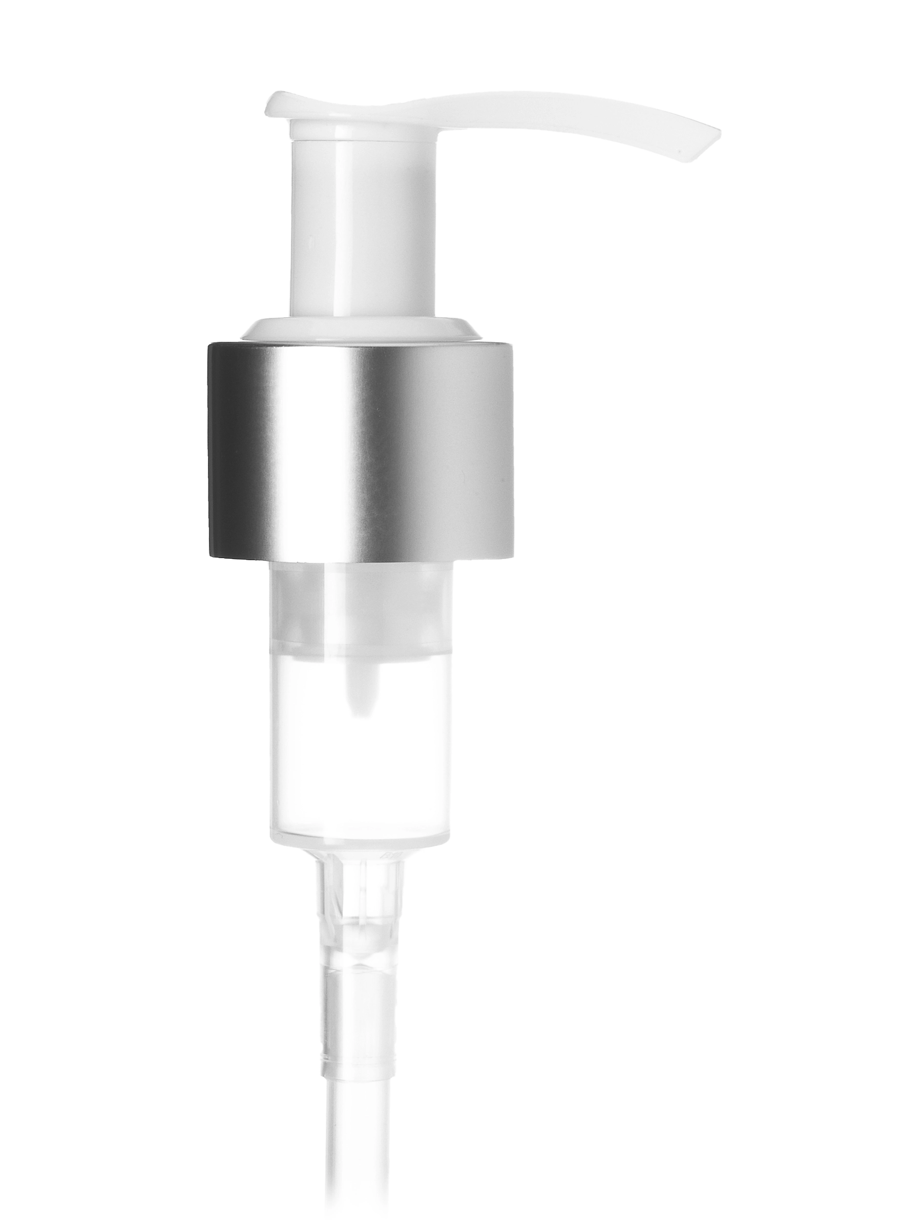 Matte Silver and White PP 24-410 Smooth Skirt Up-Lock Saddle Head Dispensing Pump – DP736WHSL