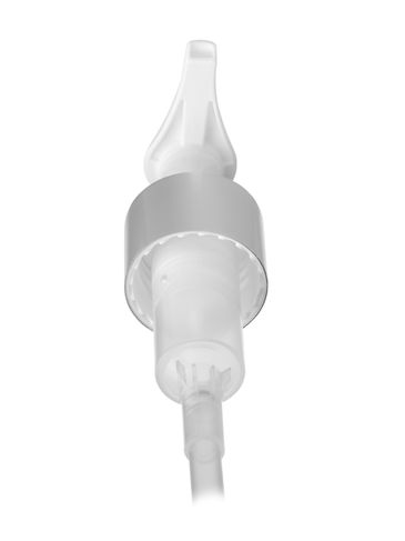 Matte silver and white PP 24-410 smooth skirt up-lock saddle head dispensing pump with 7.5 inch dip tube (2.5 cc output)