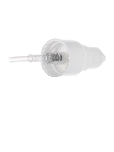 White PP plastic 20-410 smooth skirt dispensing treatment pump with 3.75 inch dip tube and clear plastic overcap (0.2 cc output)