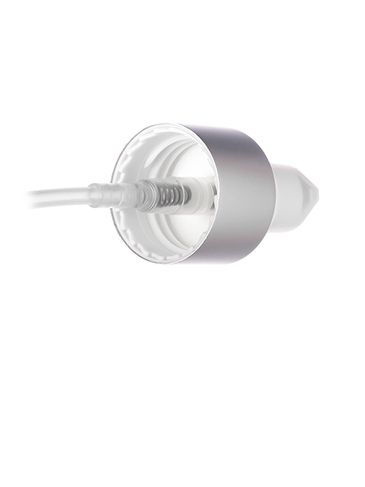 Matte silver metal shell and white PP 24-410 smooth skirt dispensing treatment pump with 7 inch dip tube and clear plastic overcap (0.2 cc output)