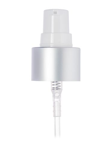 Matte silver metal shell and white PP 24-410 smooth skirt dispensing treatment pump with 7 inch dip tube and clear plastic overcap (0.2 cc output)