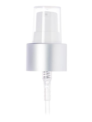 Matte silver metal shell and white PP 24-410 smooth skirt dispensing treatment pump with 7 inch dip tube and clear plastic overcap (0.2 cc output)