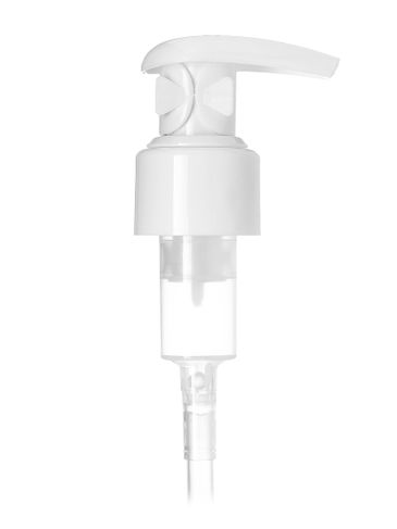 White PP plastic 24-410 smooth skirt up-lock dispensing pump with 5.25 inch dip tube (2.5 cc output) and locking clip