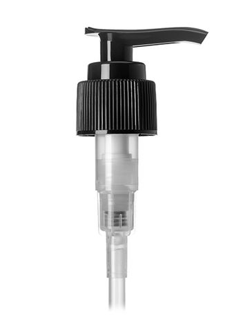 Black PP plastic 24-410 ribbed skirt down-lock saddlehead dispensing pump with 7.5 inch dip tube (2 cc output)