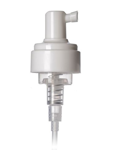 White PP plastic 43 mm smooth skirt fingertip foamer pump with clear overcap, 5.31 inch dip tube (.7 cc output)