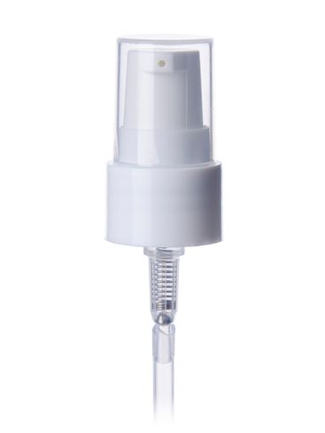 White PP plastic 20-410 smooth skirt fingertip treatment pump with 4 inch dip tube and clear plastic overcap (0.2 cc output)