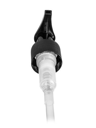 Black PP plastic 24-410 ribbed skirt up-lock saddle head dispensing pump with 7.75 inch dip tube (1.2 cc output)