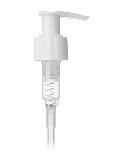 White PP plastic 24-410 ribbed skirt up-lock saddle head dispensing pump with 7.75 inch dip tube (1.2 cc output)