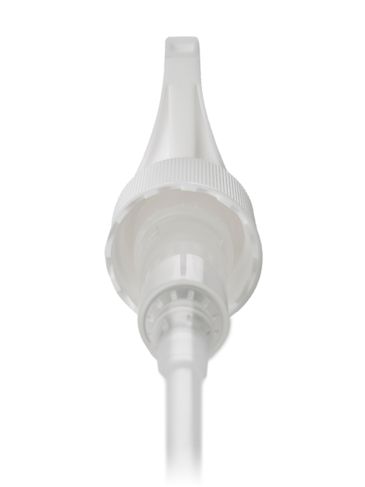 White PP plastic 24-410 ribbed skirt up-lock saddle head dispensing pump with 7.75 inch dip tube (1.2 cc output)