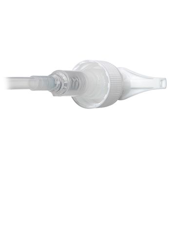 White PP plastic 24-410 ribbed skirt up-lock saddle head dispensing pump with 7.75 inch dip tube (1.2 cc output)