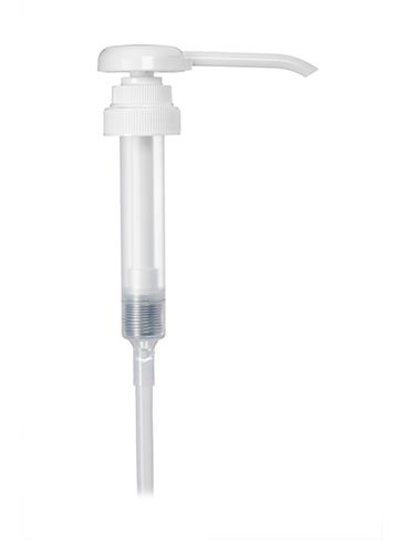 White PP plastic 38-400 ribbed skirt down-lock dispensing pump with 11 inch dip tube (1 oz output)