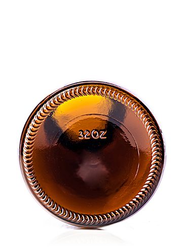 32 oz amber glass boston round bottle with 28-400 neck finish