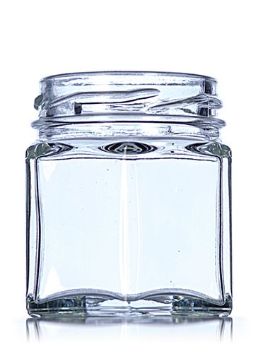 1.5 oz clear glass hex-shaped jar with 43TW neck finish
