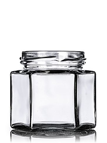 4 oz clear glass hex-shaped jar with 58TW neck finish