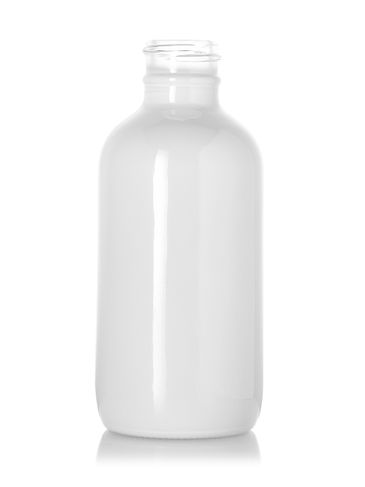 4 oz glossy white-colored clear glass boston round bottle with 24-400 neck finish