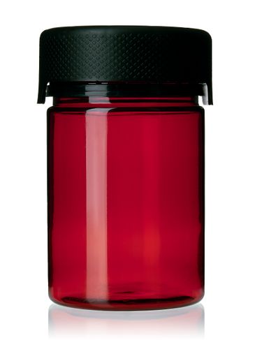 4 oz amber PET plastic aviator jar with black PP smooth skirt child-resistant and tamper evident break-off band lid