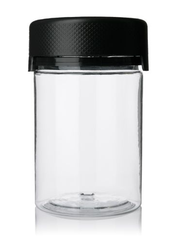 4 oz clear PET plastic aviator jar with black PP smooth skirt child-resistant and tamper evident cap