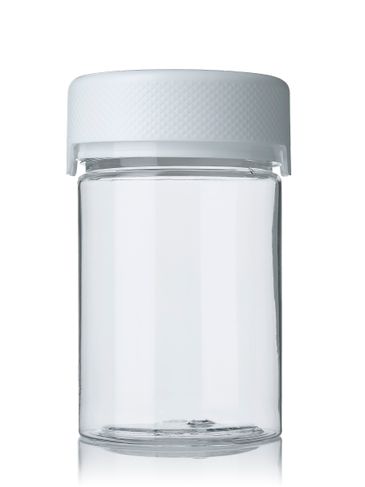 4 oz clear PET plastic aviator jar with white PP smooth skirt child-resistant and tamper evident break-off band lid