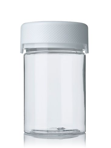 4 oz clear PET plastic aviator jar with white PP smooth skirt child-resistant and tamper evident break-off band lid