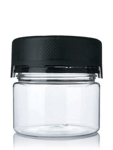 10 oz clear PET plastic aviator XL jar with black PP smooth skirt child-resistant and tamper evident break-off band lid