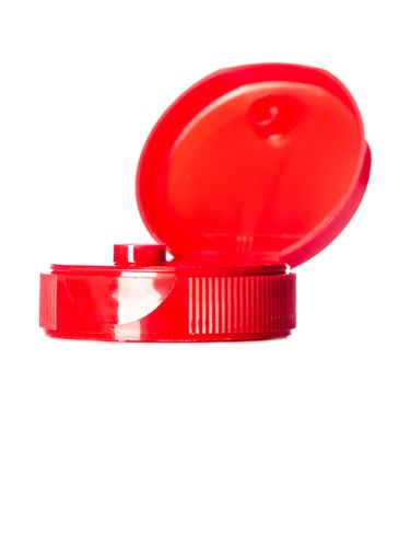 Red PP plastic 38-400 ribbed skirt hinged flip top dispensing cap with unprinted pressure sensitive (PS) liner (0.25 inch orifice)