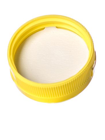 Yellow PP plastic 38-400 ribbed skirt hinged flip top dispensing cap with unprinted pressure sensitive (PS) liner (0.25 inch orifice)