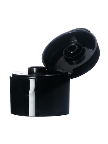 Black PP plastic 24-410 smooth skirt hinged flip top snap dispensing lid with pressure sensitive (PS) liner (0.25 inch orifice)
