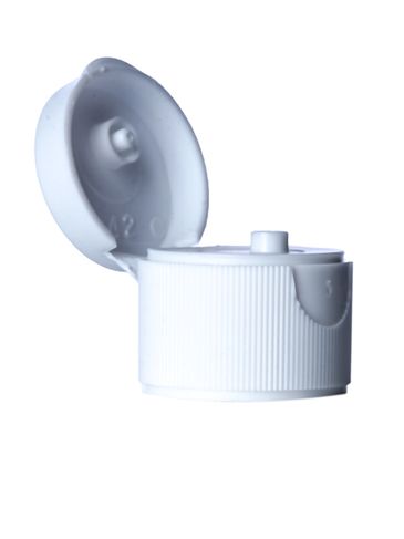 White PP plastic 24-410 ribbed skirt unlined hinged flip top snap dispensing lid (0.125 inch orifice)