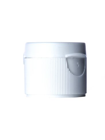 White PP plastic 24-410 ultra ribbed skirt unlined hinged flip top snap dispensing lid (0.125 inch orifice)