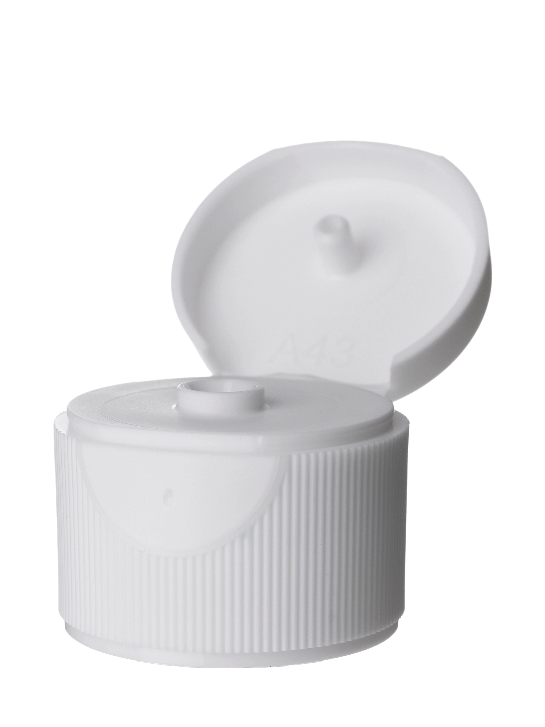 White PP Plastic 24-410 Ribbed Skirt Unlined Hinged Flip Top Snap Dispensing Lid – L007