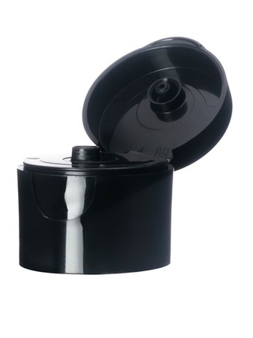 Black PP plastic 24-410 smooth skirt hinged flip top snap dispensing lid with pressure sensitive (PS) liner (0.125 inch orifice)