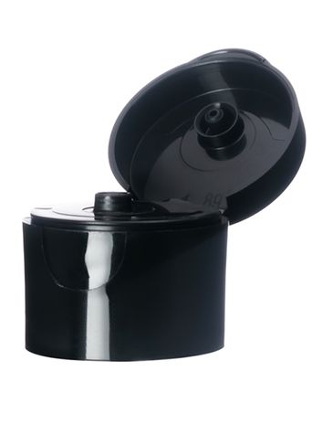 Black PP plastic 24-410 smooth skirt hinged flip top snap dispensing lid with pressure sensitive (PS) liner (0.125 inch orifice)