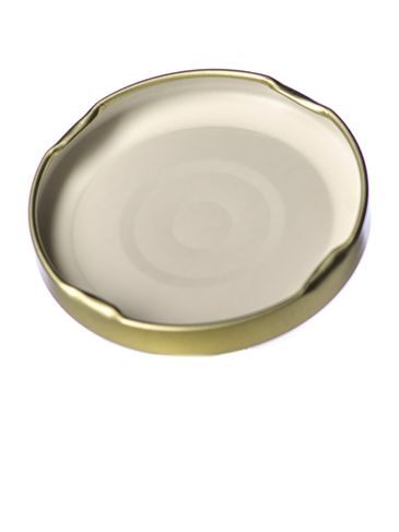 Gold metal 63TW lid with pasteurization-grade plastisol liner and vacuum seal button