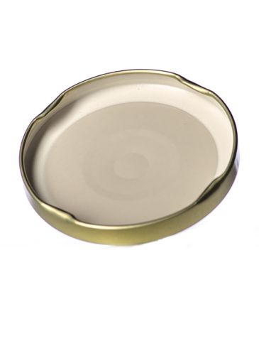 Gold metal 70TW lid with pasteurization-grade plastisol liner and vacuum seal button