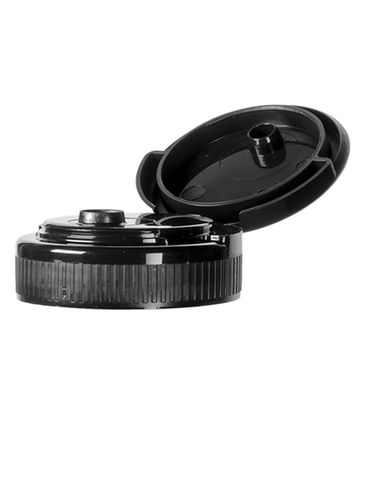 Black PP plastic 38-400 ribbed skirt hinged flip top snap dispensing lid with unprinted pressure sensitive (PS) liner (0.25 inch orifice)