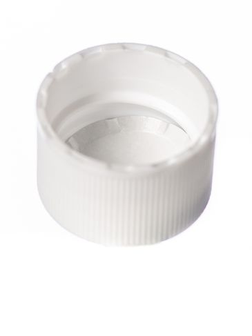 White PP plastic 20-410 ribbed skirt lid with a Lift 'n' Peel universal heat induction seal (HIS) liner (for dry products only)