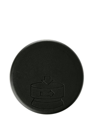 Black PP plastic 70-400 child-resistant smooth pictorial lid with unprinted universal heat induction seal (HIS) liner
