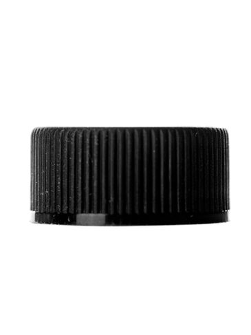 Black PP plastic 20-400 ribbed skirt lid with printed universal heat induction seal (HIS) liner