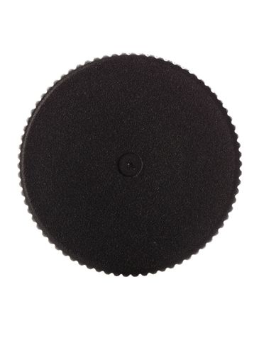 Black PP plastic 20-400 ribbed skirt lid with printed universal heat induction seal (HIS) liner