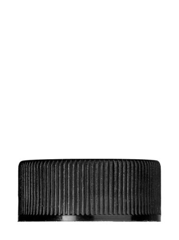 Black PP plastic 24-400 ribbed skirt lid with printed universal heat induction seal (HIS) liner