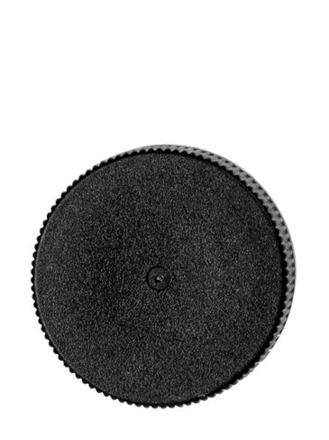 Black PP plastic 24-400 ribbed skirt lid with printed universal heat induction seal (HIS) liner